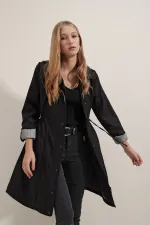 Women's Black Pocket Detailed Waist Pleated Lined Long Trench Coat HZL23W-BD158081