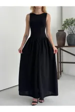 Kadın Siyah Bisiklet Yaka Üstü Esnek Viskon Alt Geniş Poplin Dokuma Kolsuz Elbise HZL26W-DSB1221