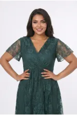 Kadın Yeşil Büyük Beden V Yaka Astarlı Dantel Detaylı Şık Abiye Elbise HZL26S-PR11071
