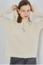 Kadın Kapüşonlu Triko Kazak 15941 - Ekru