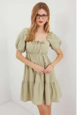 Robe évasée en popeline verte à col froncé et taille élastique pour femme Çağla HZL22S-BD123511