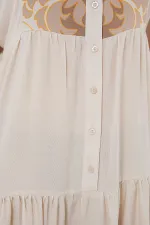 2423 Otantik Desenli Tesettür Elbise - T. Ekru