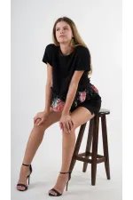 Kadın Siyah Dantel Çiçek Desenli Bisiklet Yaka Bluz HZL24S-YY256