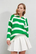 Pull oversize en maille à rayures vertes et col polo pour femme, zippé, HZL23W-BD145121