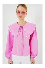 Kadın Pembe Bebe Yaka Düğmeli Şık Günlük Gömlek HZL26S-BD1203141