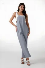 Women's Gray Adjustable Straps Pocket Wide Leg Gardener Overalls HZL22S-BD170191