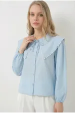 Kadın Açık Mavi Bebe Yaka Düğmeli Şık Günlük Gömlek HZL26S-BD1203141