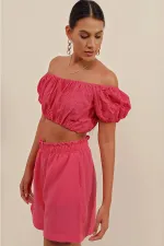 Kadın Koyu Pembe Carmen Yaka Bel Büzgülü Fistolu Straplez Bluz HZL23S-BD104811