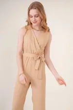 Kadın Krem Beli Lastikli Derin Kruvaze V Yaka Kemerli Örme Tulum HZL22S-BD170211