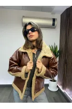 Women's Camel Faux Leather Jacket with Fur Lining and Button Closure HZL23W-BRC129331 Women's Camel Faux Leather Jacket with Fur Lining and Button Closure HZL23W-BRC129331