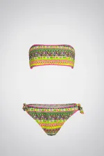 Kız Çocuk Pembe Neon Sarı Çok Renkli Astarlı 4-12 Yaş Straplez Bikini Takım HZL24S-LC6355