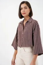 Chemise courte rayée oversize pour femme 20326 - Marron