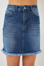 Women's Tassel Mini Denim Skirt 8051 - Navy Blue