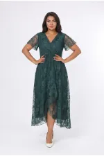 Kadın Yeşil Büyük Beden V Yaka Astarlı Dantel Detaylı Şık Abiye Elbise HZL26S-PR11071