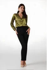 Kadın Yağ Yeşili Hafif Dökümlü Saten Yüzeyli Gömlek HZL22W-BD139641