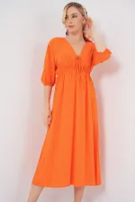Robe 2570 pour femme, col en V et taille froncée - Orange