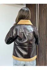 Kadın Acı Kahve İçi Suni Kürklü Önden Düğmeli Suni Deri Mont HZL23W-BRC129311