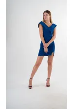 Kadın Lacivert V Yaka Yırtmaç Detaylı Kolsuz Elbise HZL24S-YY272