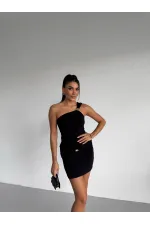 Women's Black One-Shoulder Sandy Mini Dress with Gold Accessories HZL26W-FRY123781