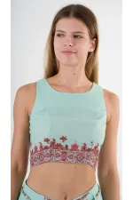 Kadın Su Yeşili Etnik Desenli Beli Kuşaklı Bluz Şort İkili Takım HZL24S-YY261