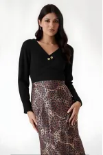 Kadın Kahverengi Leopar Desenli Saten Yüzeyli Beli Lastikli Midi Boy Etek Hzl23s-bd1101471