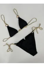 Kadın Siyah Halka Detaylı İp Bağlamalı Astarlı Bikini Takım HZL25S-AR1617