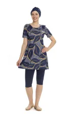 Women's Navy Blue Leaf Pattern Short Sleeve Semi-Covered Tights Swimsuit HZL25S-AR202/504