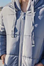 5120 Kapşonlu Uzun Şişme Mont - Gri