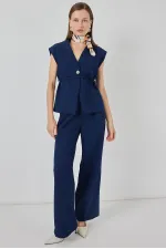 Ensemble gilet et pantalon femme en tissu 30050 - Bleu marine