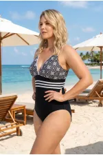 Kadın Siyah Beyaz Etnik Desenli Astarlı Büyük Beden Mayo HZL25S-LC25115