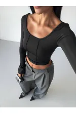 Kadın Siyah Uzun Kollu Arkası Bağlamalı Fit Kesim Crop Bluz HZL25W-FRY122771