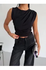 Kadın Siyah Büzgülü Kolsuz Sandy Bluz HZL26W-FRY122751