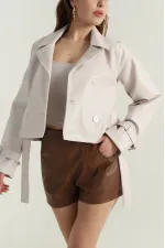 Kadın Krem Kemerli Astarlı Suni Deri Ceket HZL25W-BD110461