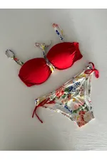Kadın Kırmızı Taş İşlemeli Astarlı Bikini Takım HZL25S-LC208