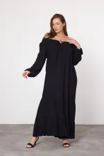 Kadın Siyah Madonna Yaka Kolu Lastikli Uzun Viskon Elbise HZL25S-VM10331