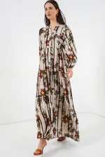 Robe longue hijab à motifs pour femme 2585 - Beige café