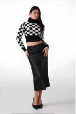 Kadın Düz Siyah Saten Yüzeyli Beli Lastikli Midi Boy Etek Hzl23s-bd1101471