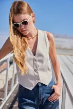 Kadın Krem Çizgili Düğmeli Astarsız Dokuma Yelek HZL24S-BD167941