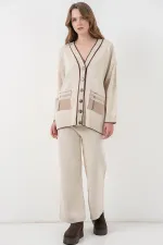 Ensemble deux pièces cardigan en maille à poches pour femme 15964 - Écru