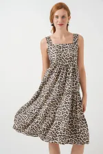 Women's Patterned Strappy Midi Dress 2577 - C. Brown