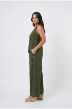 Women's Khaki Linen Textured Relaxed Fit Two-Piece Set HZL26S-VL15141 Women's Khaki Linen Textured Relaxed Fit Two-Piece Set HZL26S-VL15141