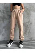 Kadın Bej Cepli Beli Paçası Lastikli 3 İplik Şardonlu Eşofman Altı HZL24W-ZK12321