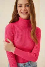 Pull col roulé côtelé fuchsia pour femme HZL22W-BD1445001