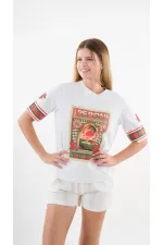 Kadın Beyaz Kırmızı Peponi Baskılı Bisiklet Yaka T-Shirt HZL24S-YY302