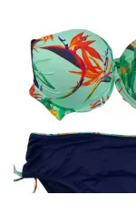 Kadın Turkuaz Lacivert Desenli Büyük Beden Astarlı Bikini Takım HZL25S-LC3327