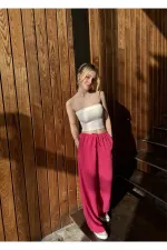 Pantalon large en lin rose pour femme, taille élastique, avec poches, HZL24S-ZK11051