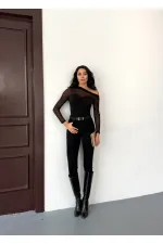 Kadın Siyah Tül Garnili Uzun Kol Şık Rahat Bluz HZL25W-FRY123541