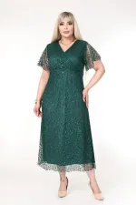 Kadın Zümrüt Yeşil Büyük Beden Kruvaze Yaka Payetli Abiye Elbise HZL26S-PR11171