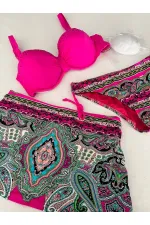 Kadın Fuşya Taş İşlemeli Desenli 3 Parça Bikini Takım HZL25S-LC3326