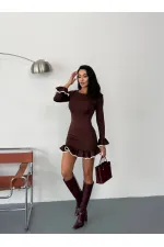 Women's Brown Long Sleeve Flounce and Piping Diving Fabric Mini Dress HZL25W-FRY123401